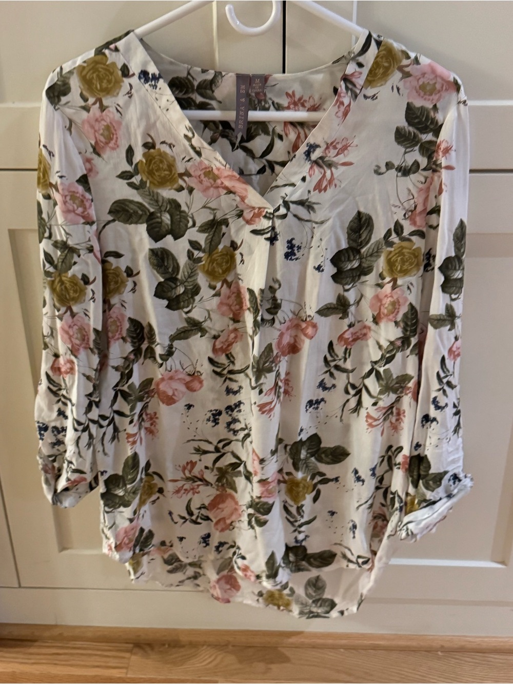 Floral V-Neck Long Sleeve Blouse - White with Pink & Olive